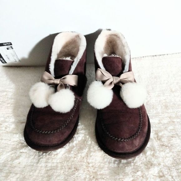 UGG Australia Kallen Suede Moc Toe Pom Pom Slippers  Size 5 Brown #1017541 - Picture 3 of 14
